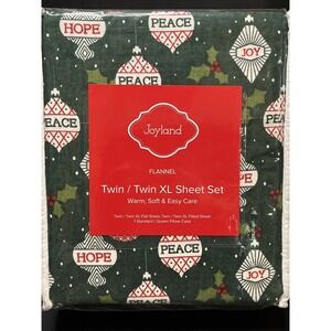 Joyland Flannel Twin/Twin XL Sheet Set Green Peace Joy Hope Christmas New